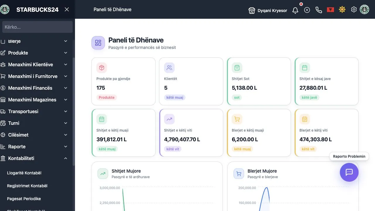 Menu e kontabilitetit në WebPOS me llogari, regjistrime, pagesa periodike dhe pasqyra financiare