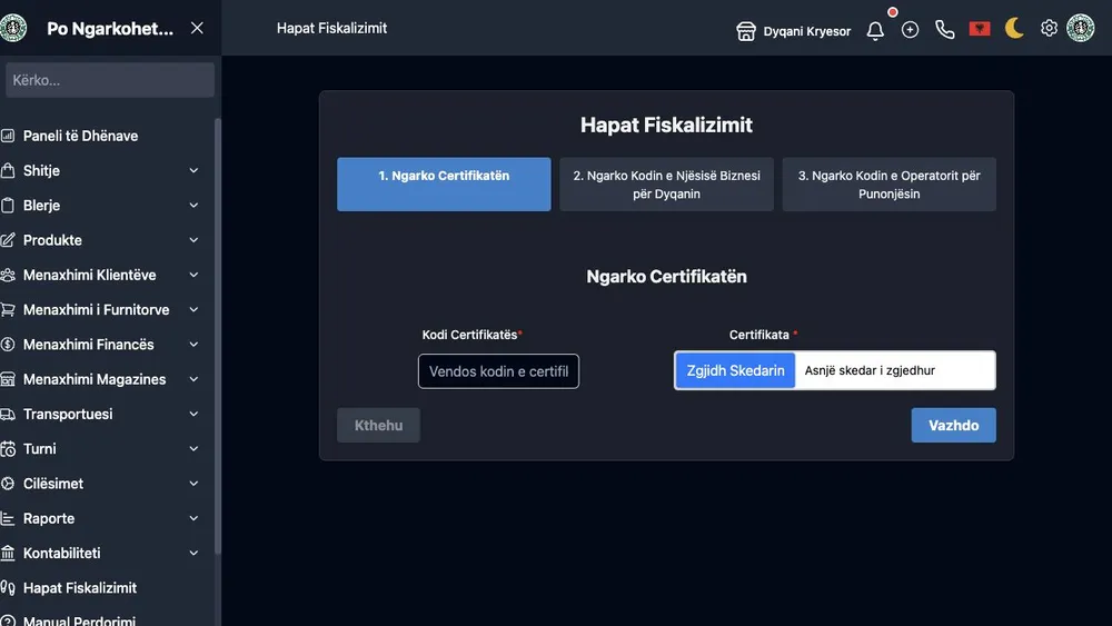 Hapat e fiskalizimit në WebPOS për certifikatën, njësinë e biznesit dhe operatorët