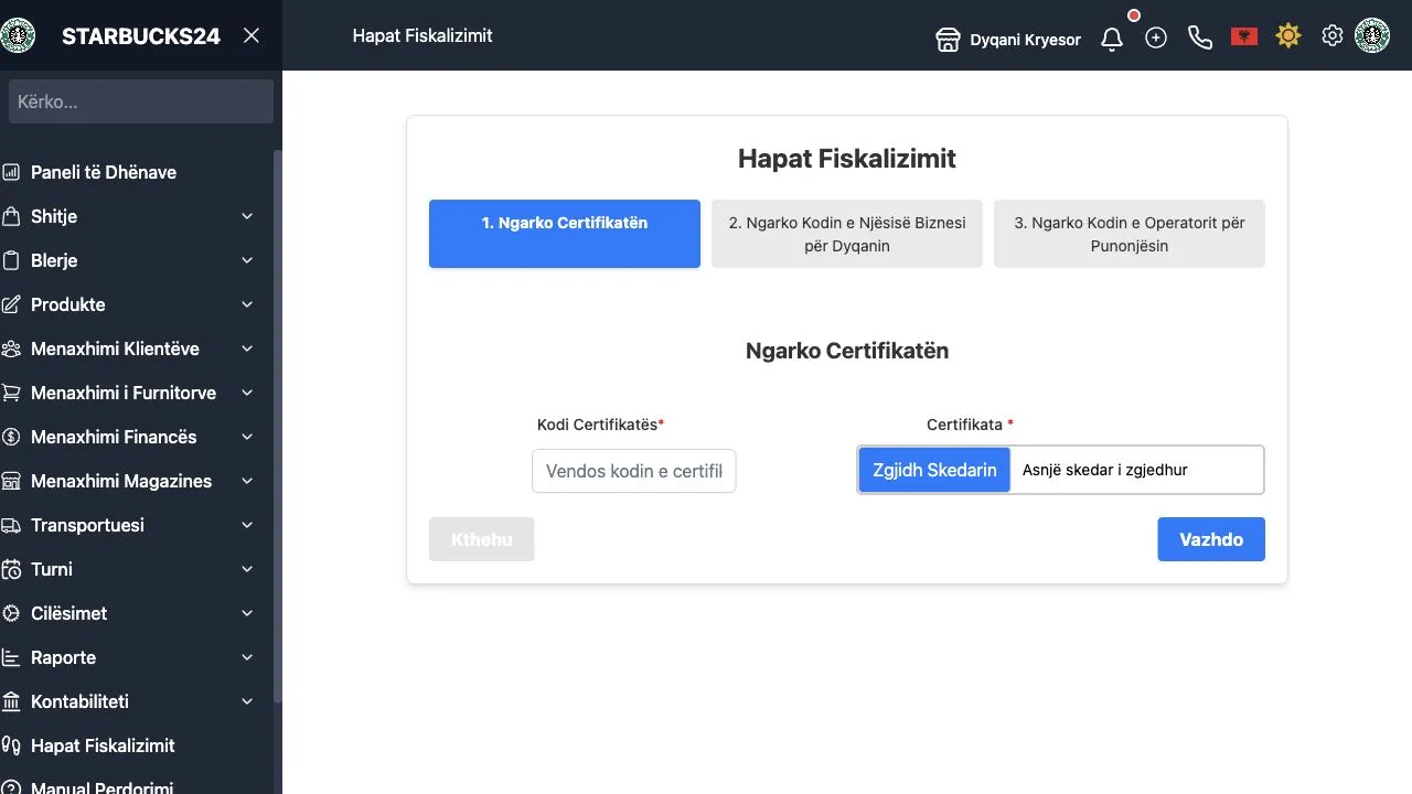 Hapat e fiskalizimit në WebPOS për certifikatën, njësinë e biznesit dhe operatorët