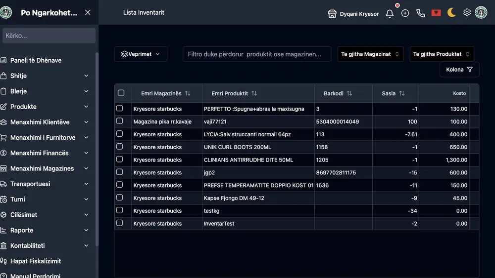 Listë inventari në WebPOS me produkte, magazina, sasi dhe vlerë stoku
