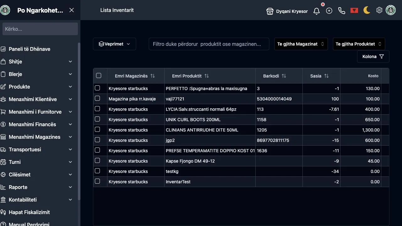 Listë inventari në WebPOS me produkte, magazina, sasi dhe vlerë stoku