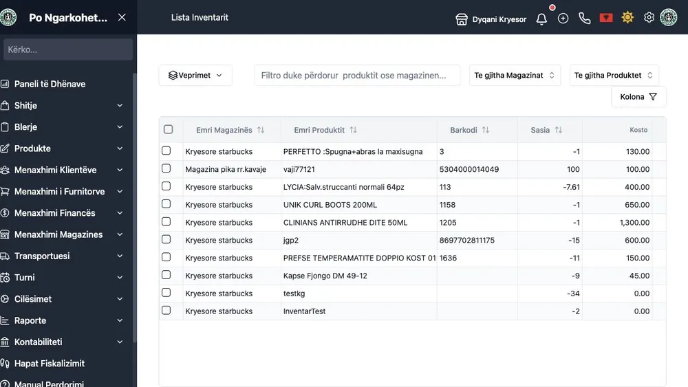 Listë inventari në WebPOS me produkte, magazina, sasi dhe vlerë stoku