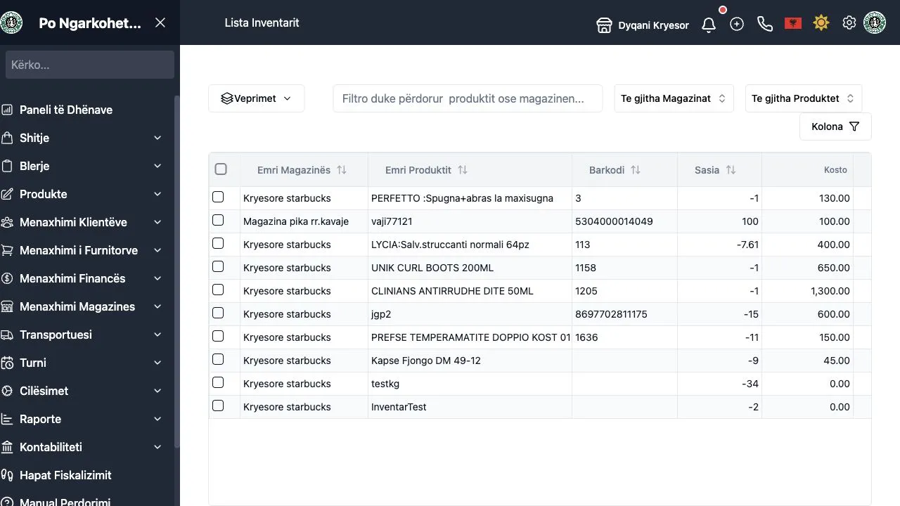 Listë inventari në WebPOS me produkte, magazina, sasi dhe vlerë stoku