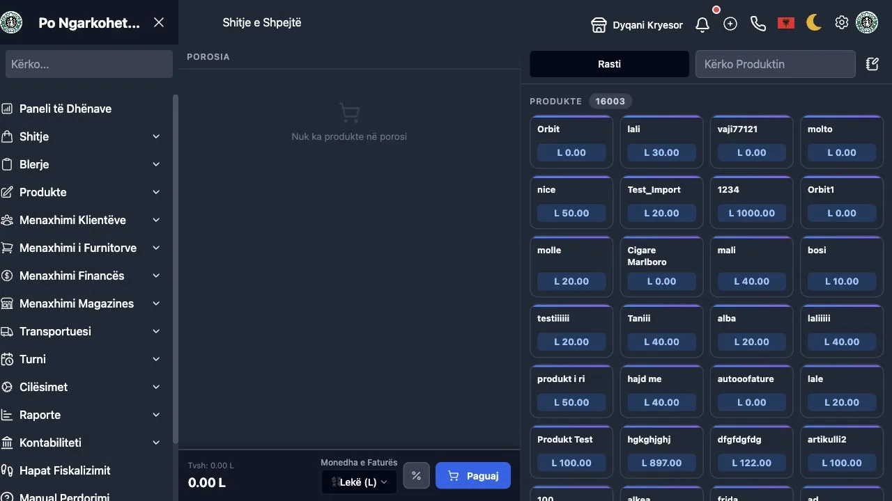Ekran WebPOS për shitje të shpejtë me kërkim produkti dhe shportë