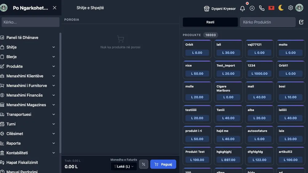 Ekran WebPOS për shitje të shpejtë me kërkim produkti dhe shportë