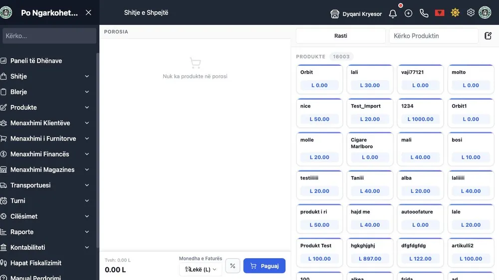Ekran WebPOS për shitje të shpejtë me kërkim produkti dhe shportë