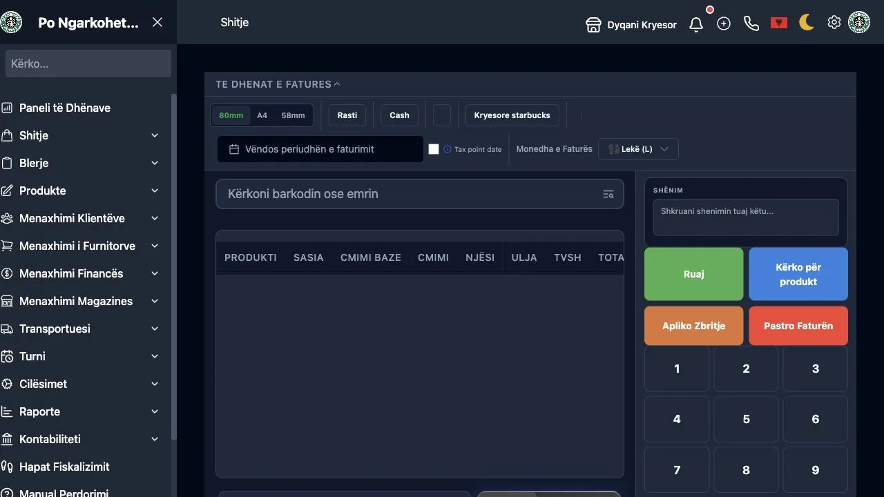 Ekran WebPOS për krijimin e një fature shitjeje me produkte, TVSH dhe total