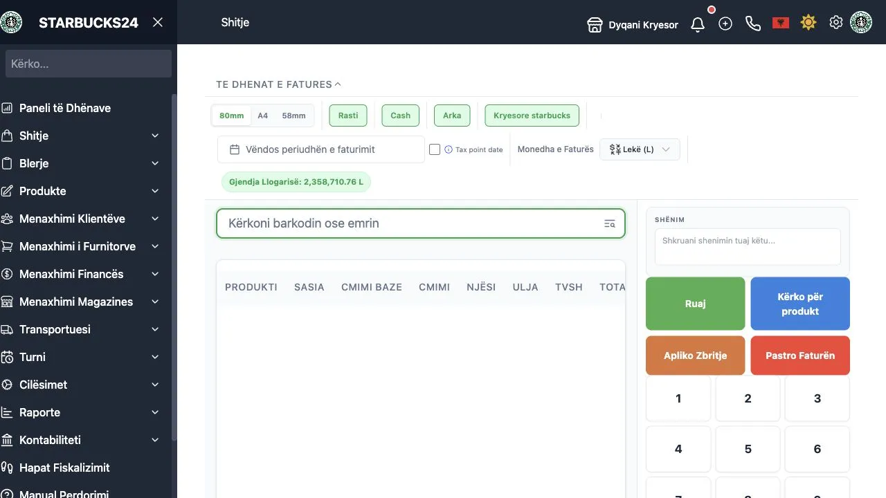 Ekran WebPOS për krijimin e një fature shitjeje me produkte, TVSH dhe total